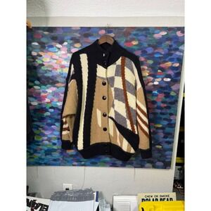 I B DIFFUSION Geometric Knit Cardigan Sweater mohair Black Tan Cream L